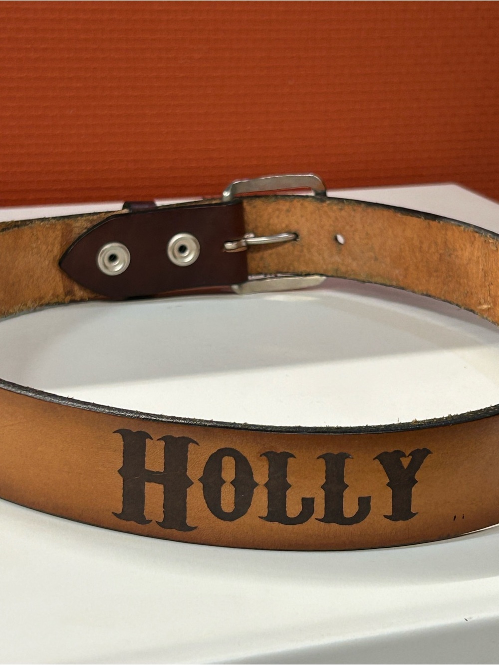 Cowgirl Up Personalized Tan Leather Western Belt with 'HOLLY' Name